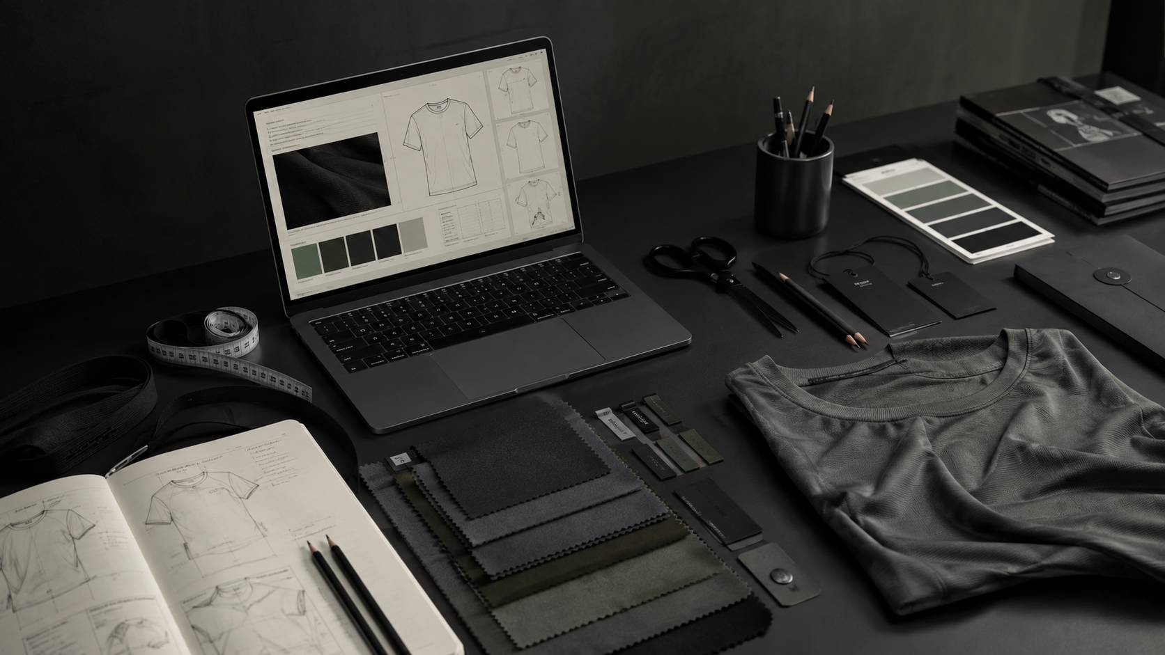 Founder reviewing activewear samples on a table